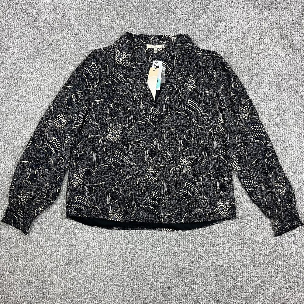 Les Serein Blouse Womens Medium Black Gold Hadley Clip Dot Button Down Top NWT